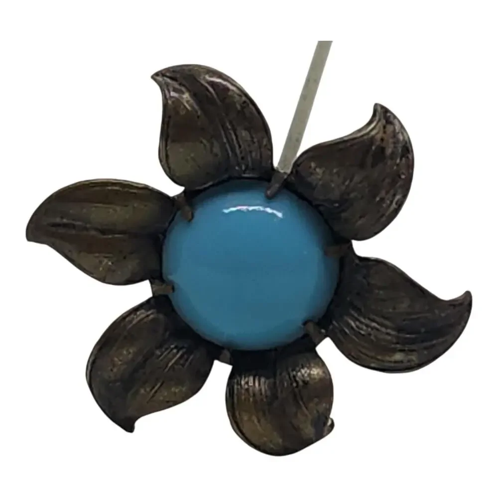 Vintage Long Stem Flower Stick Pin Turquoise Blue Cabochon Hat Lapel Floral